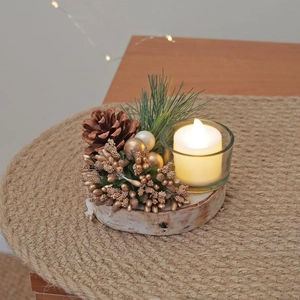 Christmas candle holder with wood base, pine cones, and LED tea light for festive decor