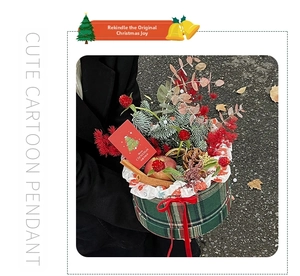 Detailed Christmas flower gift box featuring green plaid design and festive berry pine decor