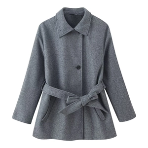 Women's gray short wool coat with double collar lapel and elegant waist tie belt