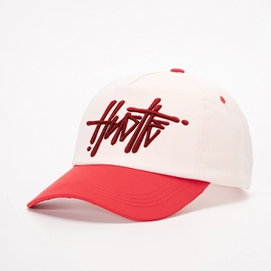 Hustle 3D embroidery baseball cap in cream and red contrast colors for outdoor sun protection