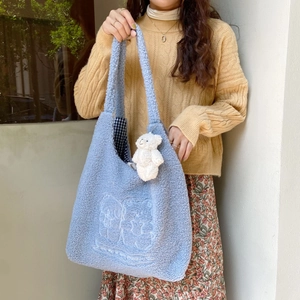 Fleece shoulder bag with cartoon bear embroidery and charm for women in light blue