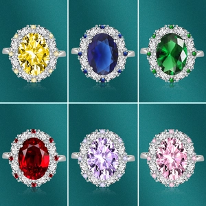 Luxury Oval Gemstone Ring Copper Silver Plated Large Colorful Zircon Cluster Adjustable Open Ring For Women
