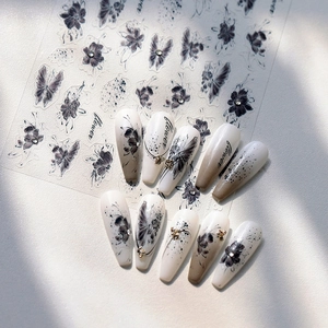 Retro Ink Butterfly Flower Nail Art Stickers Self Adhesive Embossed Manicure Decoration With Tiny Rhinestones For Women