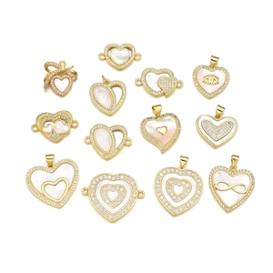 Collection of gold-plated heart charms with shell inlay and zircon for DIY necklaces