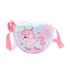 Pink and blue gradient plush heart-shaped unicorn crossbody bag for girls with bow