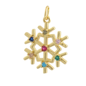 Détail d'un pendentif flocon de neige doré avec des pierres de zircon colorées pour bijoux
