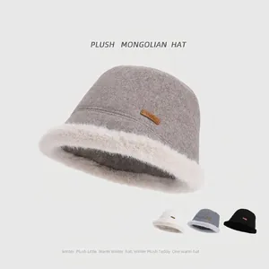Women Winter Bucket Hat Faux Fur Trim Thickened Warm Windproof Mongolian Style Plush Fisherman Cap With Leather Label