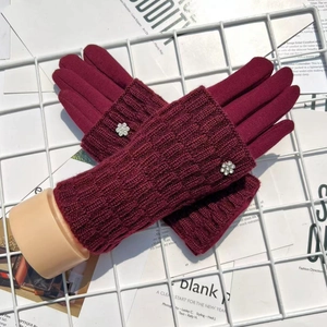 Winter thermal touch screen gloves for women with red knit fabric and floral detail