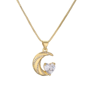 Gold-plated crescent moon necklace with sparkling heart-shaped white gemstone pendant