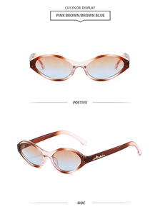 Front and side view of oval pink brown sunglasses with blue brown gradient lenses