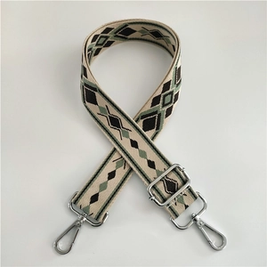 Detail view of ethnic jacquard shoulder strap with silver hooks and geometric patterns