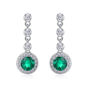 Boucles d'oreilles pendantes en argent S925 avec émeraude ronde et détails en zircon
