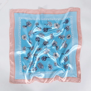 Sky blue and pink square silk scarf with satin finish displayed on white background
