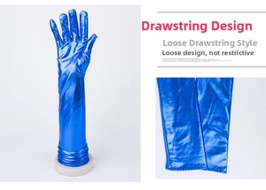 Detailansicht der metallic-blauen Opernhandschuhe mit elastischem Bund für Cosplay-Kostüme