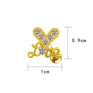 Detailed view of a gold heart stud with Love lettering and clear zircon stones, size 1x0.9cm