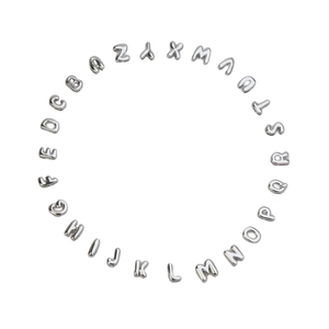 Macro display of 26 polished alphabet pendants arranged in a circular silver metal set