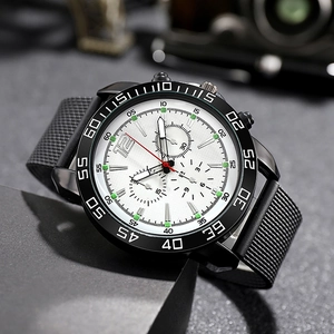 Men's stylish black steel chronograph watch with green markers and silicone mesh band