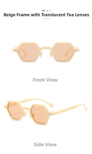 Front and side views of beige hexagonal punk sunglasses with transparent brown lenses