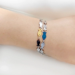 Handcrafted bracelet with multicolor stainless steel fish charms on double layer chain