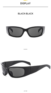 Detail view of black Y2K sports sunglasses showing front and 45-degree side angles