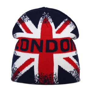 British Union Jack knitted beanie featuring London text in dark blue and red color
