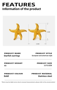 Detailed dimensions of 3.5cm gold starfish stud earrings made of durable stainless steel