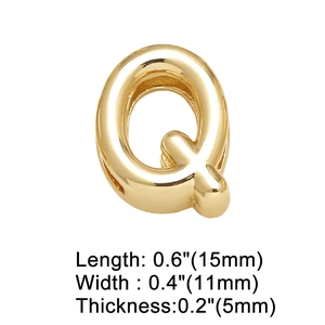 Detailed view of gold-plated letter Q pendant with mirror polish finish and dimensions
