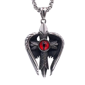 Vintage titanium steel cross necklace with angel wings and a red evil eye pendant