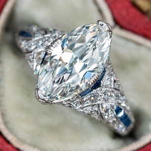 Vintage Marquise Cut Zircon Ring Art Deco Hollow Carved Copper Band Blue Accent Gemstone Jewelry For Women