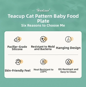 Detail of baby silicone plate showing 220°C heat resistance and cat pattern design