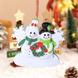 Cute resin snowman family Christmas ornament with festive wreath and red hanging string