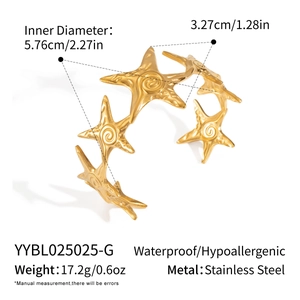 Detailed size measurement of the 18k gold starfish open cuff bracelet in stainless steel