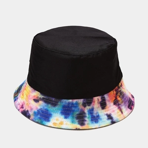 Detail showing the colorful tie-dye brim and reinforced stitching on a black bucket hat