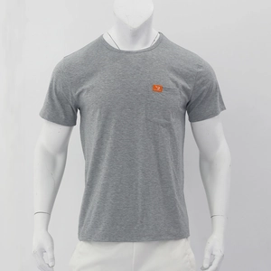 Detail of grey men's cotton T-shirt featuring a chest pocket and orange brand label