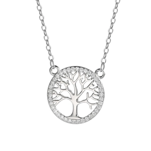 S925 sterling silver Tree of Life necklace with circular pendant and sparkling cubic zirconia