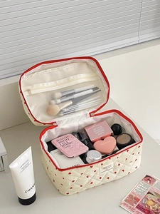 Quilted cream cosmetic bag with red heart pattern and functional double layer storage