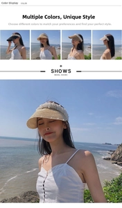 Detail of straw sun visor for women with pearl embellishments for summer beach wear