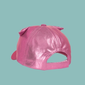 Detail view of pink shiny baseball cap with cute fox ears and adjustable back strap