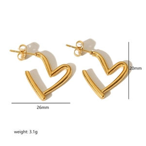 Minimalist 18k gold plated stainless steel heart hoop earrings for women, 26mm width