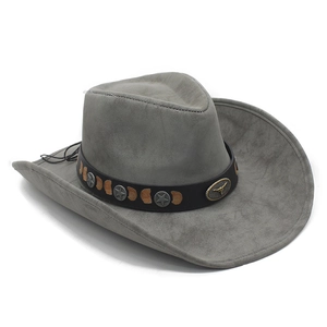 Classic grey western cowboy hat with bull head emblem and star studs on leather band