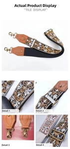 Macro detail of ethnic style bag strap featuring floral embroidery and bronze metal hooks