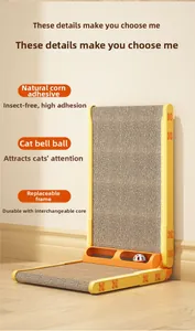 Detail of L-shaped cat scratcher with built-in bell ball and corn glue bonding