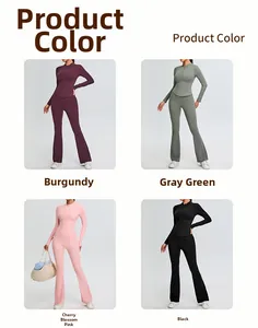 Collage of slim fit yoga sets in four colors with half-zip tops and flared leggings