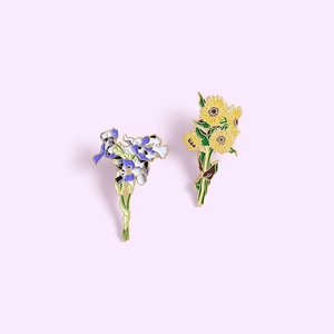 Artistic Van Gogh inspired sunflower and purple iris enamel pin set with gold finish