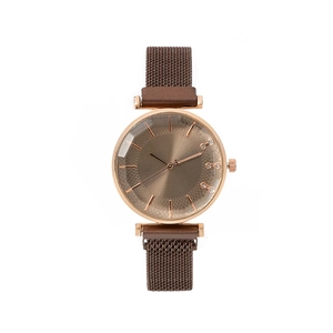 Elegant women's quartz watch with brown sunburst dial and rose gold mesh strap