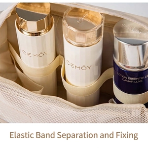 Hanging toiletry bag with champagne elastic bands for securing skincare bottles