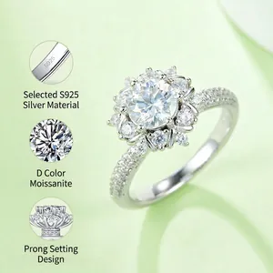 925 silver flower halo engagement ring with D color moissanite and pave band accents