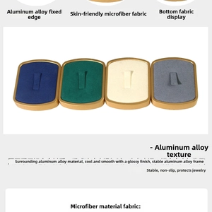 Close-up of 4-piece metal jewelry ring display set with microfiber lining and aluminum frame