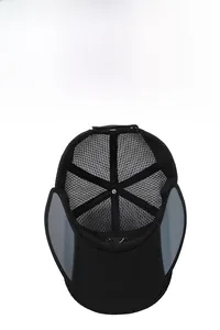 Detail of black cycling cap featuring breathable mesh top and gray ear protection flaps
