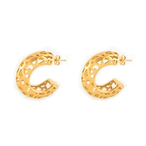 Gold hollow C-shaped hoop earrings with coral organic texture in stainless steel
